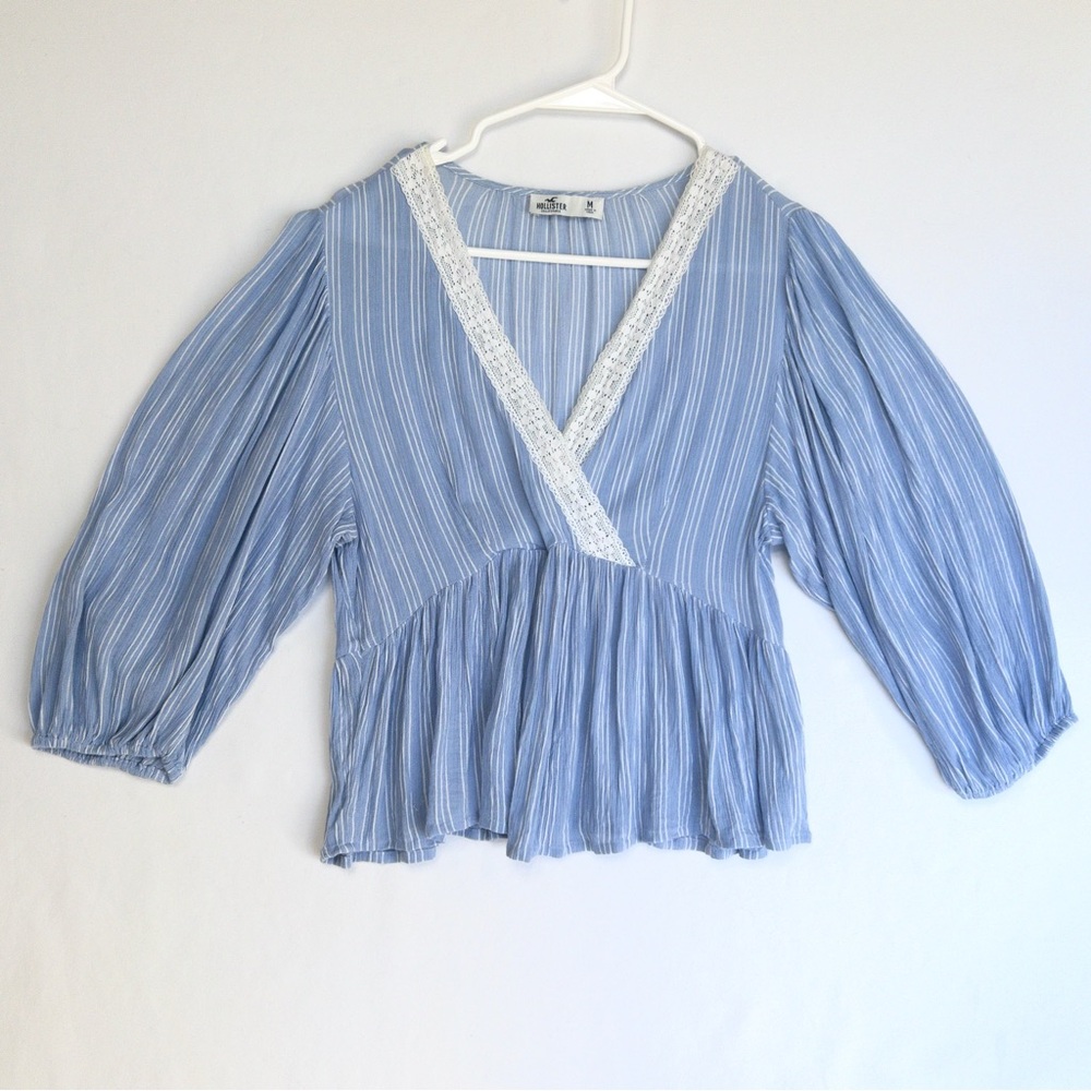 Hollister Blue Peplum Blouse Peasant with 3/4 Sleeves Womens M